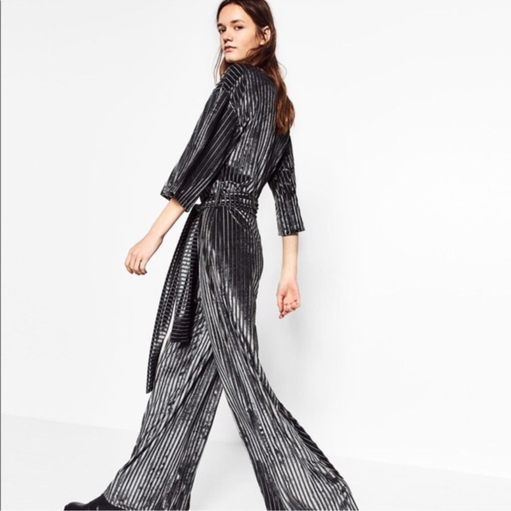 Zara Gray Velvet Striped Wide Leg Jumpsuit